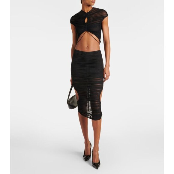 Mugler Mesh Bodycon Skirt in Black 34 New Cutout Midi Draped womens - Picture 16 of 16